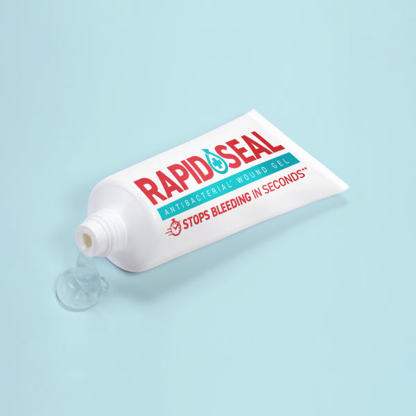 tube of rapid seal wound gel with clear gel coming out of it on a blue background
